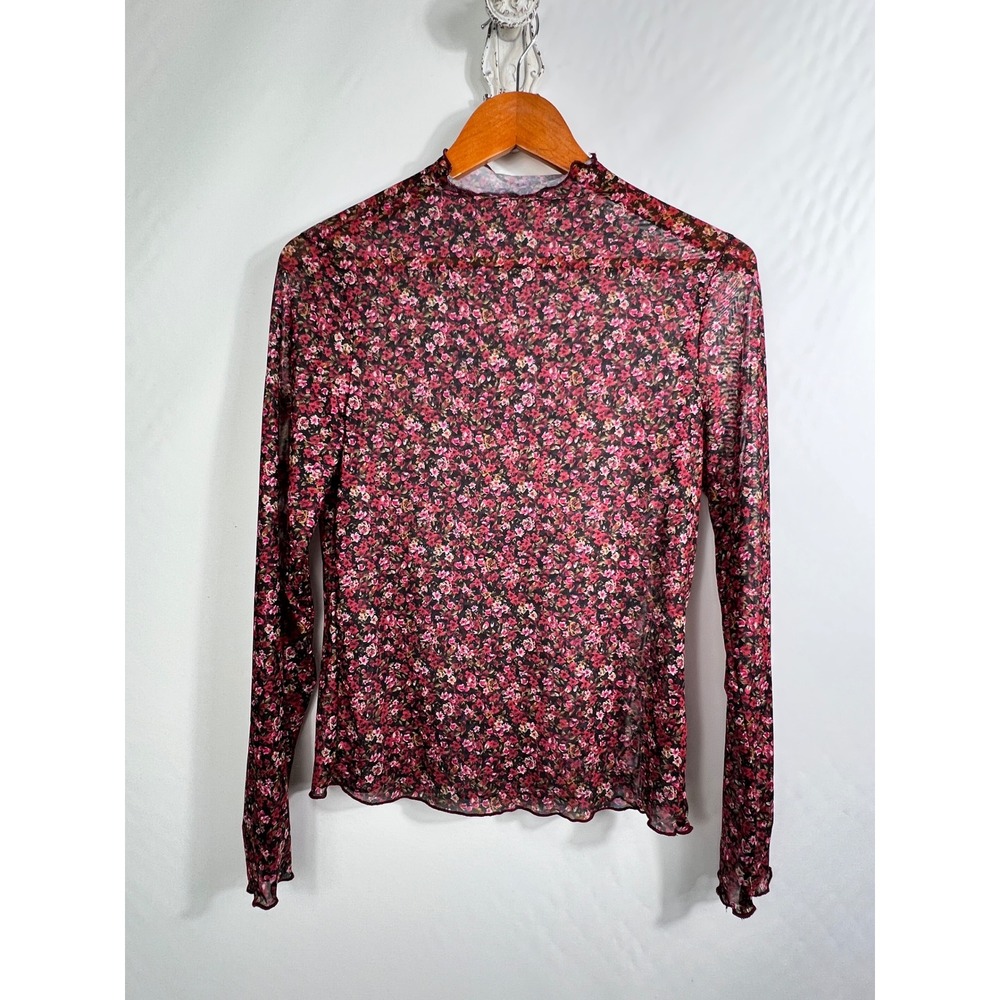 Floral Mesh Mock Neck Top Long Sleeve Lettuce Edge Burgundy Pink Sheer Slim Fit